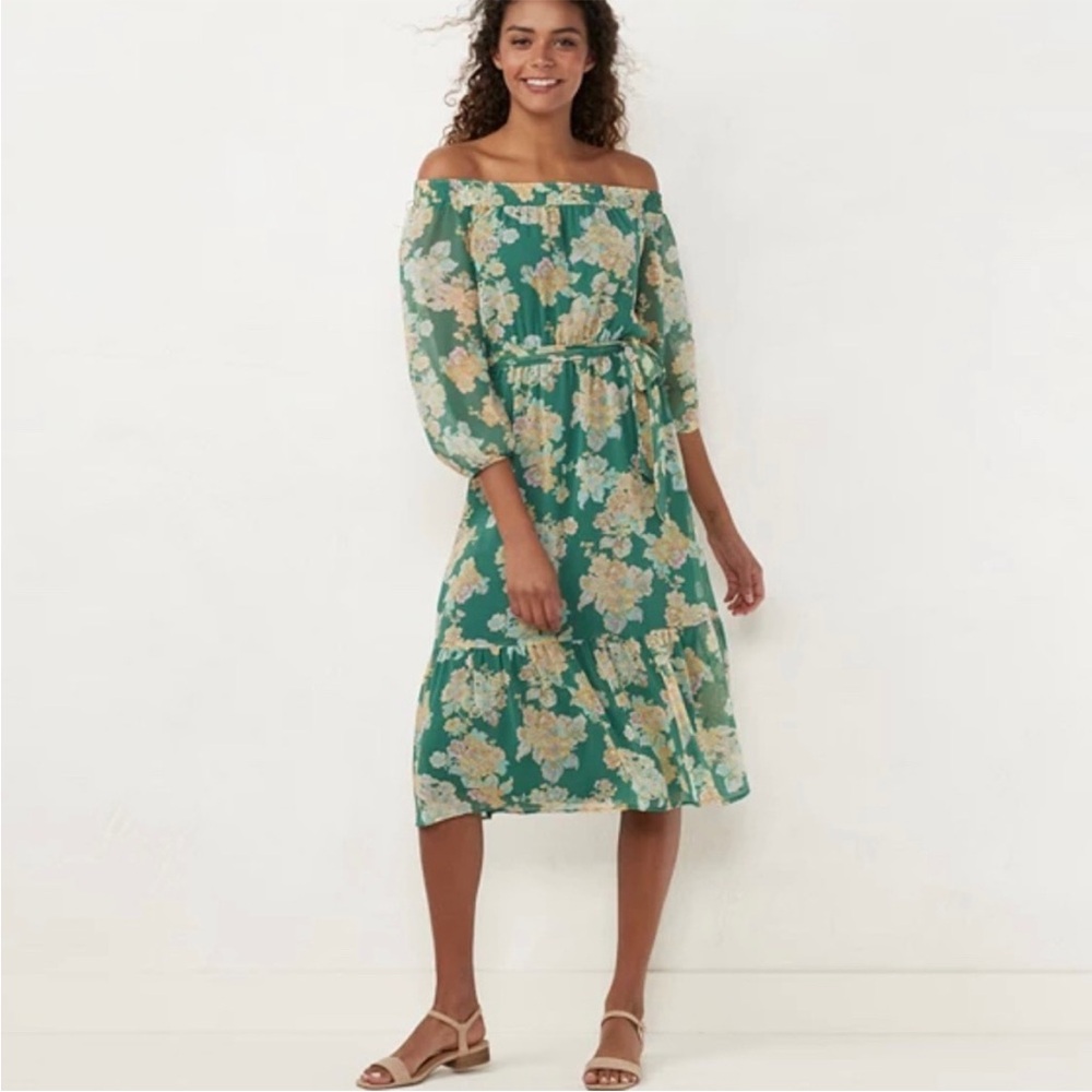 LC smocked shoulder floral dress green tan size medium midi length